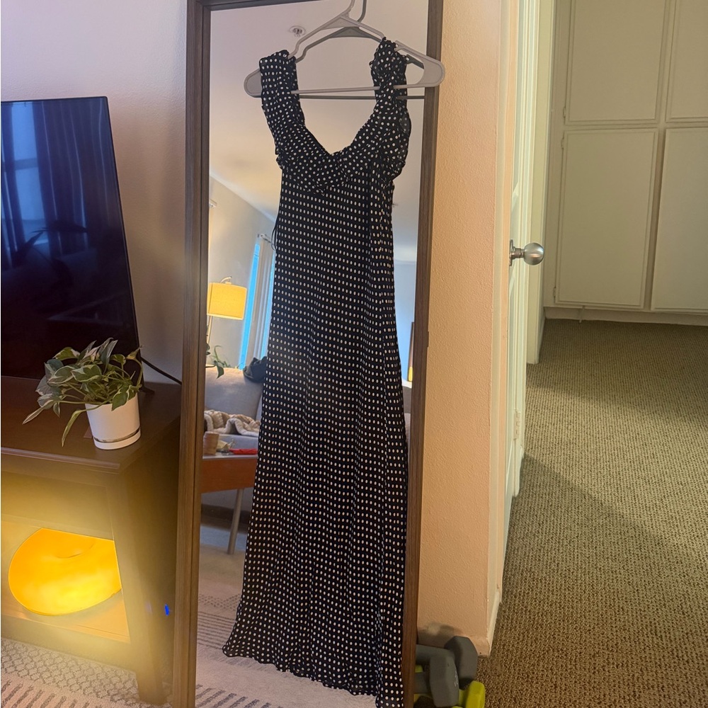 Reformation Black Off Shoulder “Charm” Midi Dress with White Polka Dots